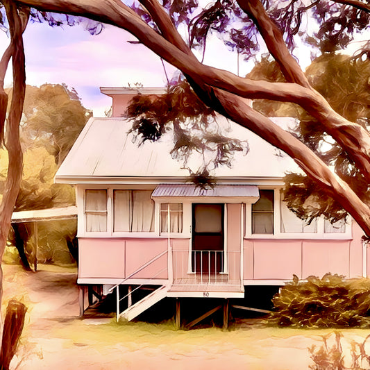 Pink Beach Shack nestled amongst the trees print