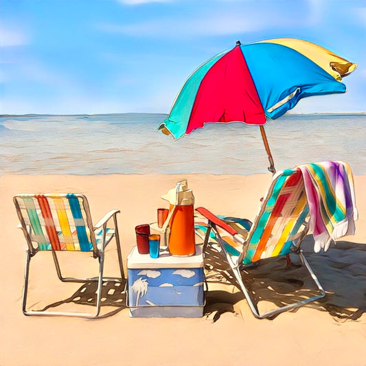 Bright colourful camp chairs, esky and beach umbrella sitting on the beach print