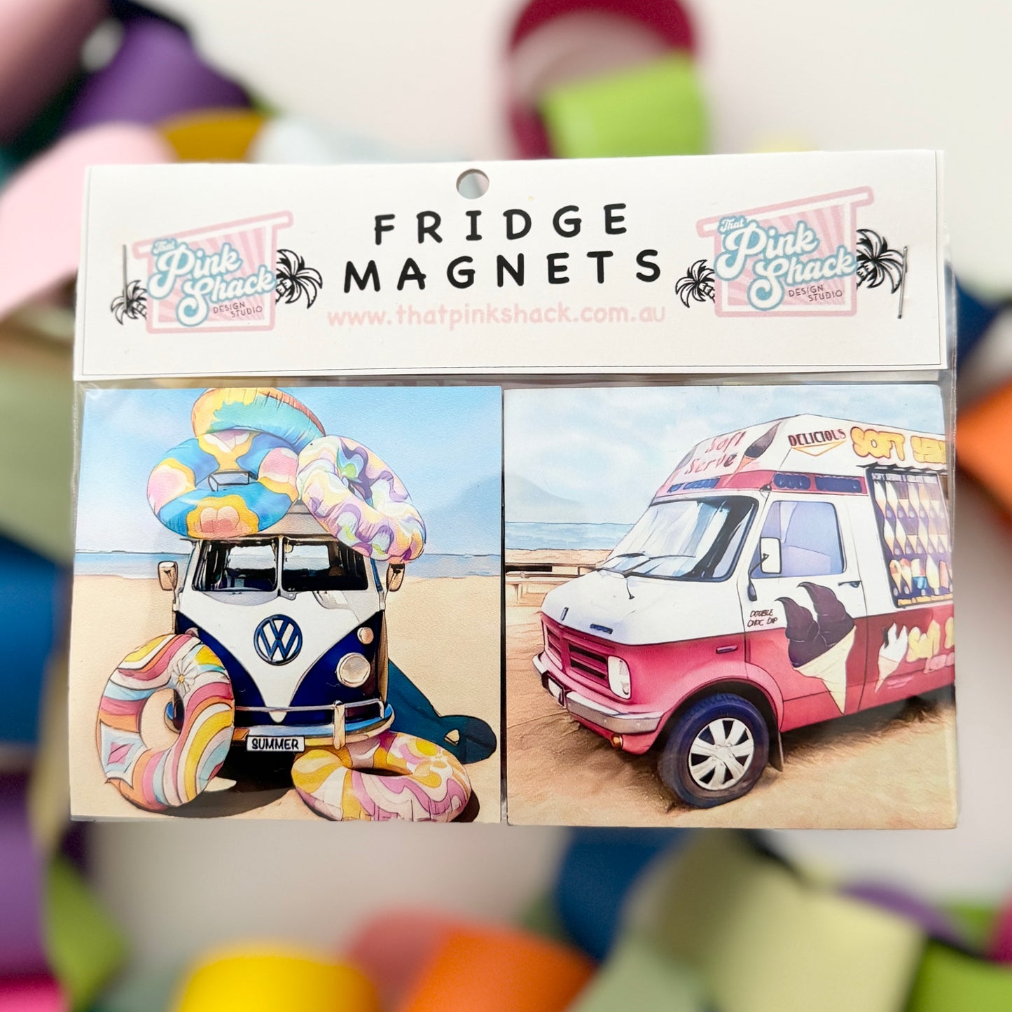 Fridge Magnet Twin Set - Kombi on the beach /Mr Whippy