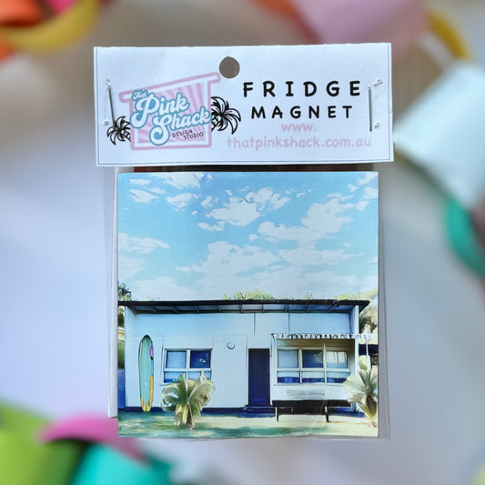 A fridge magnet of an old fibro beach surf shack on the Mornington peninsula in packaging