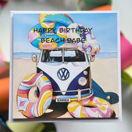 Kombi on the beach with inflables rings Happy Birthday Beach babe Greeting Card with envelope