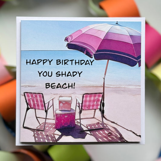 Retro beach scene with vintage umbrella chairs and esky Happy Birthday you Shady Beach Greeting Card with envelope