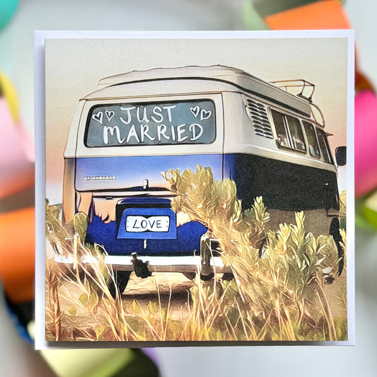 A kombi at the beach with just married written on the back window greeting card with envelope