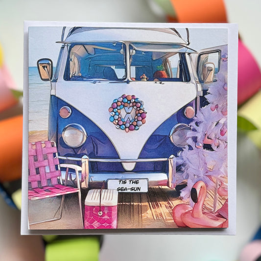 Kombi vw bus on the beach with a Christmas tree greeting card with envelope