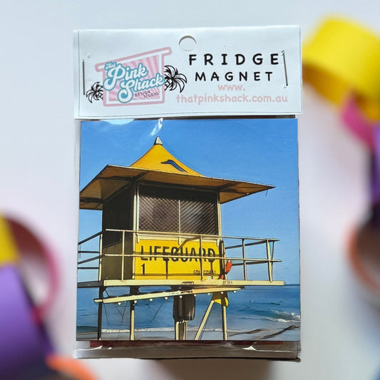 A fridge magnet of Lifeguard Tower 1 , Rainbow Bay Coolangatta in packaging