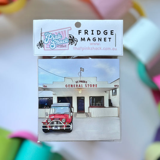 A fridge magnet with a classic Moke parked outside the st pauls general store on the Mornington peninsula in packaging