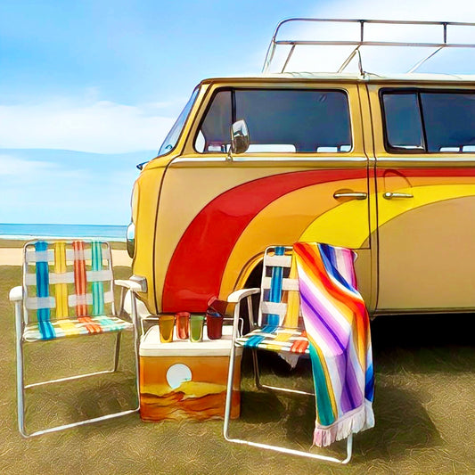 70’s Volkswagen vw bus kombi van with stripes and retro chairs , esky and cups print picture