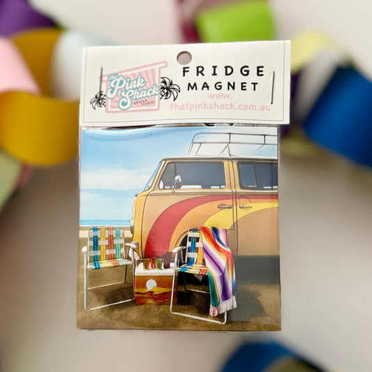 70s striped  bay window bus parked at the beach with retro chairs and esky fridge magnet