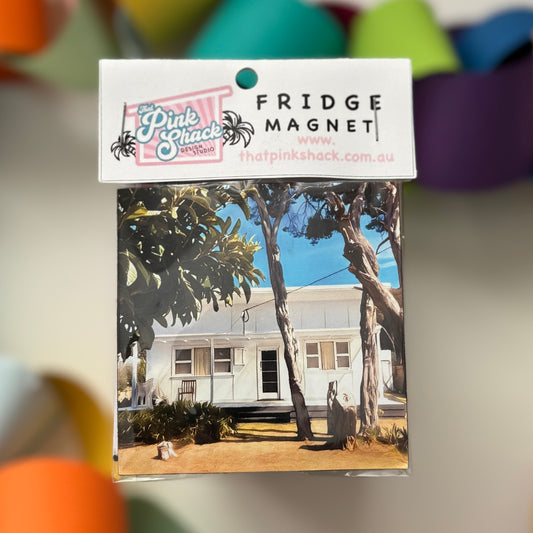 A classic white fibro beach shack in rye on the Mornington peninsula fridge magnet in packaging