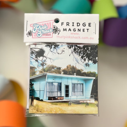 A classic blue fibro beach shack in Waratah bay Gippsland fridge magnet in packaging